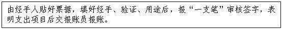 文本框:由经手人贴好票据，填好经手、验证、用途后，报“一支笔”审核签字，表明支出项目后交报账员报账。